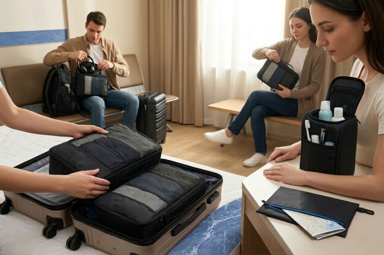 People using travel organizers in a room